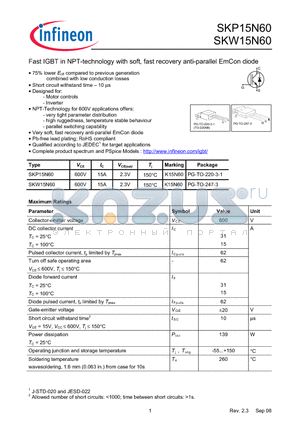 SKP15N60_08 datasheet - Fast IGBT in NPT-technology with soft, fast recovery anti-parallel EmCon diode