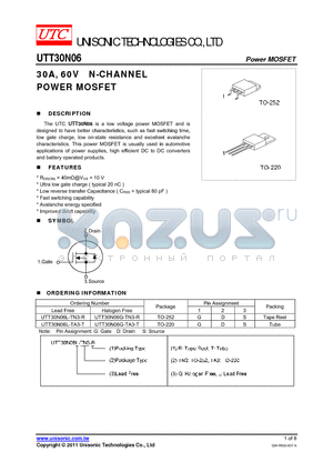 UTT30N06G-TN3-R datasheet - 30A, 60V N-CHANNEL POWER MOSFET