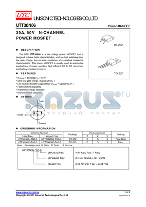 UTT30N06L-TN3-R datasheet - 30A, 60V N-CHANNEL POWER MOSFET