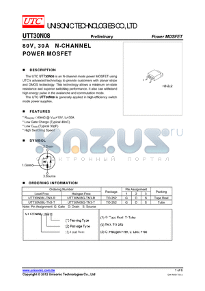 UTT30N08 datasheet - 80V, 30A N-CHANNEL POWER MOSFET