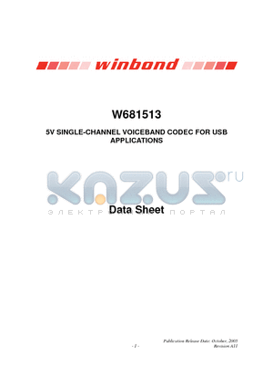 W681513 datasheet - 5V SINGLE-CHANNEL VOICEBAND CODEC FOR USB APPLICATIONS