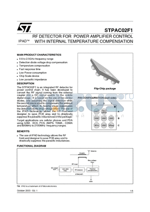 STPAC02F1 datasheet - RF DETECTOR FOR POWER AMPLIFIER CONTROL WITH INTERNAL TEMPERATURE COMPENSATION IPADTM