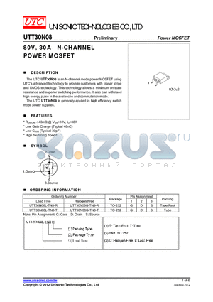 UTT30N08G-TN3-R datasheet - 80V, 30A N-CHANNEL POWER MOSFET