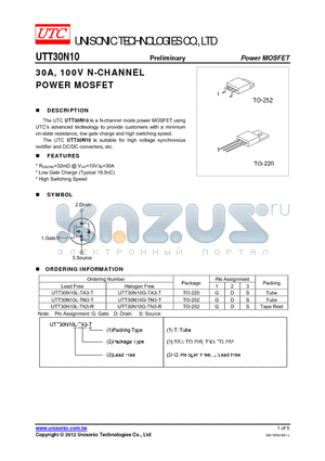 UTT30N10L-TA3-T datasheet - 30A, 100V N-CHANNEL POWER MOSFET