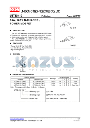 UTT30N10L-TN3-R datasheet - 30A, 100V N-CHANNEL POWER MOSFET