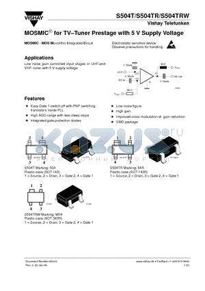 S504TRW datasheet - MOSMIC for TV-Tuner Prestage with 5 V Supply Voltage