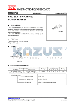 UTT30P06 datasheet - 60V, 30A P-CHANNEL POWER MOSFET