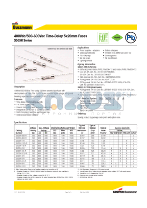 S505H-1-R datasheet - 400Vdc/500-600Vac Time-Delay 5x20mm Fuses