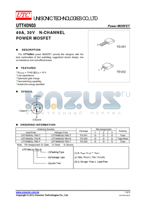 UTT40N03G-TN3-T datasheet - 40A, 30V N-CHANNEL POWER MOSFET