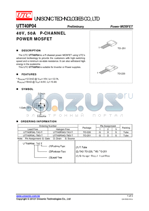 UTT40P04G-TM3-T datasheet - 40V, 50A P-CHANNEL POWER MOSFET