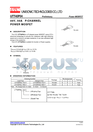 UTT40P04L-TM3-T datasheet - 40V, 50A P-CHANNEL POWER MOSFET
