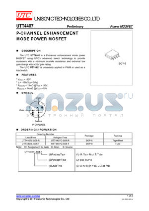 UTT4407 datasheet - P-CHANNEL ENHANCEMENT MODE POWER MOSFET