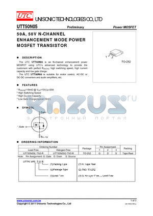 UTT50N05L-TN3-R datasheet - 50A, 50V N-CHANNEL ENHANCEMENT MODE POWER MOSFET TRANSISTOR