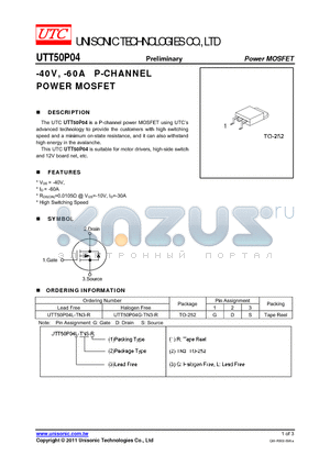 UTT50P04G-TN3-R datasheet - -40V, -60A P-CHANNEL POWER MOSFET