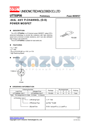 UTT50P06G-TA3-T datasheet - -50A, -60V P-CHANNEL (D-S) POWER MOSFET