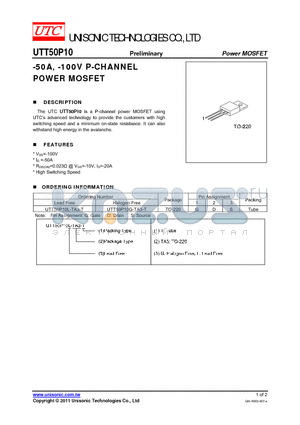 UTT50P10G-TA3-T datasheet - -50A, -100V P-CHANNEL POWER MOSFET