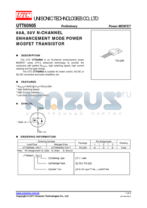 UTT60N05 datasheet - 60A, 50V N-CHANNEL ENHANCEMENT MODE POWER MOSFET TRANSISTOR