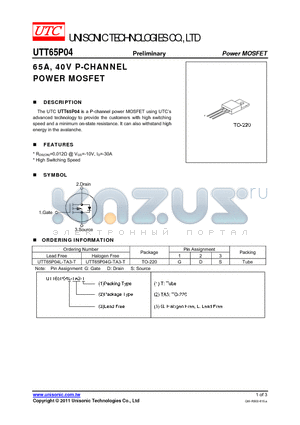 UTT65P04 datasheet - 65A, 40V P-CHANNEL POWER MOSFET