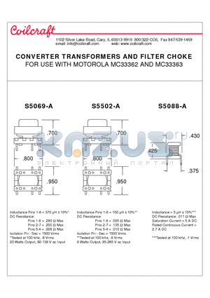 S5088-A datasheet - CONVERTER TRANSFORMERS AND FILTER CHOKE