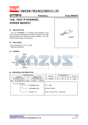 UTT70P10 datasheet - 70A, 100V P-CHANNEL POWER MOSFET