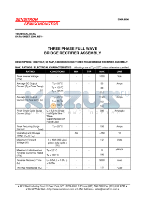 S50A3100 datasheet - THREE PHASE FULL WAVE BRIDGE RECTIFIER ASSEMBLY