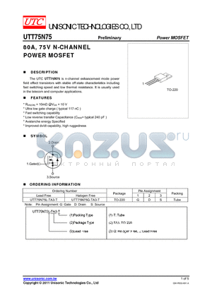 UTT75N75G-TA3-T datasheet - 80A, 75V N-CHANNEL POWER MOSFET
