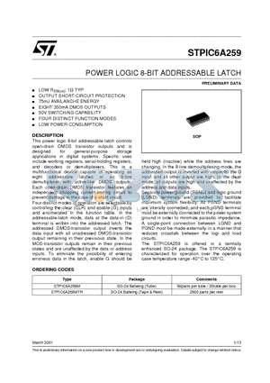 STPIC6A259MTR datasheet - POWER LOGIC 8-BIT ADDRESSABLE LATCH