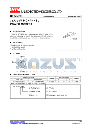 UTT75P03 datasheet - 75A, 30V P-CHANNEL POWER MOSFET