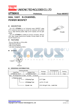 UTT80N10 datasheet - 80A, 100V N-CHANNEL POWER MOSFET