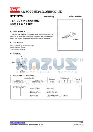 UTT75P03L-TA3-T datasheet - 75A, 30V P-CHANNEL POWER MOSFET