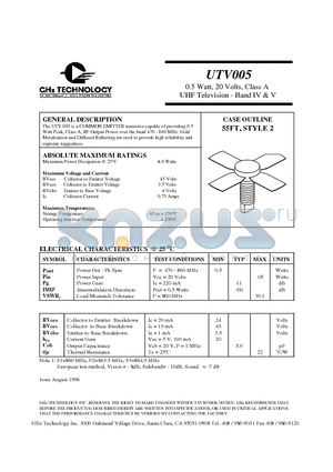 UTV005 datasheet - COMMON EMITTER transistor 0.5 Watt, 20 Volts, Class A UHF Television - Band IV & V