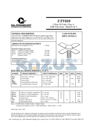 UTV010 datasheet - 1 Watt, 20 Volts, Class A UHF Television - Band IV & V