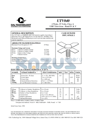 UTV040 datasheet - 4 Watts, 25 Volts, Class A UHF Television - Band IV & V