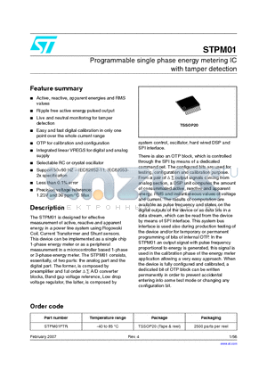 STPM01FTR datasheet - Programmable single phase energy metering IC