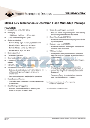 W72M64VK120BI datasheet - 2Mx64 3.3V Simultaneous Operation Flash Multi-Chip Package