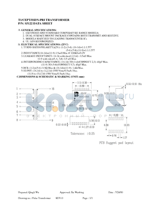 S5122 datasheet - T1/CEPT/ISDN-PRI TRANSFORMER