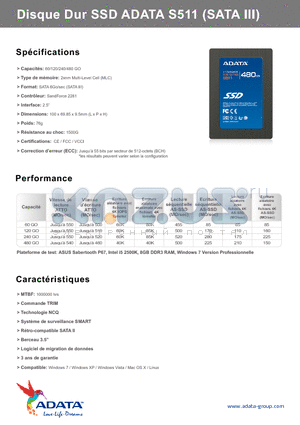 S511 datasheet - Disque Dur SSD ADATA S511 (SATA III)