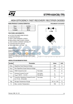STPR1020C datasheet - HIGH EFFICIENCY FAST RECOVERY RECTIFIER DIODES