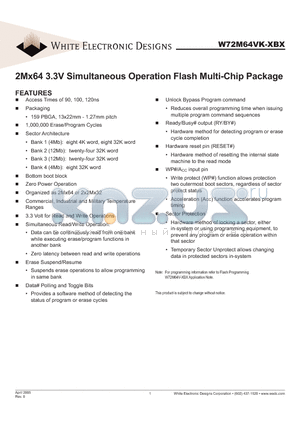 W72M64VK100BM datasheet - 2Mx64 3.3V Simultaneous Operation Flash Multi-Chip Package