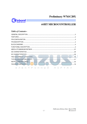 W741C20X datasheet - 4-BIT MICROCONTROLLER