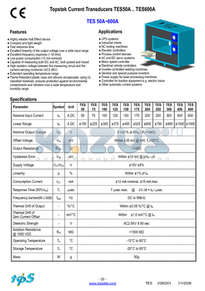 TES600 datasheet - Topstek Current Transducers