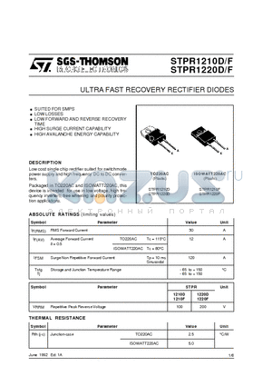 STPR1210D datasheet - ULTRA FAST RECOVERY RECTIFIER DIODES