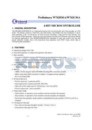 W742C81A datasheet - 4-BIT MICROCONTROLLER