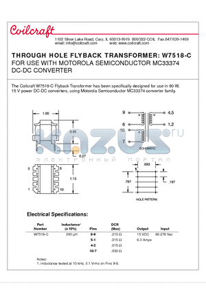 W7518-C datasheet - THROUGH HOLE FLYBACK TRANSFORMER