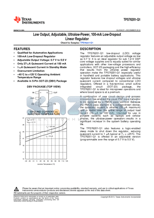 TPS76201QDBVRQ1 datasheet - Low Output, Adjustable, Ultralow-Power, 100-mA Low-Dropout Linear Regulator