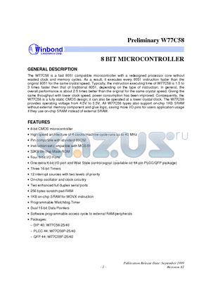 W77C58 datasheet - 8 BIT MICROCONTROLLER