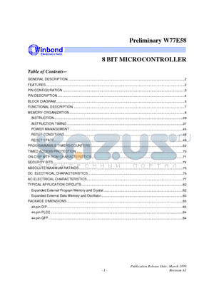 W77E58-25 datasheet - 8 BIT MICROCONTROLLER