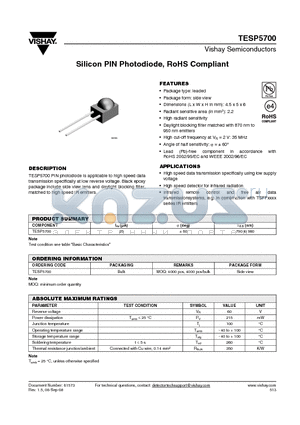 TESP5700_08 datasheet - Silicon PIN Photodiode, RoHS Compliant