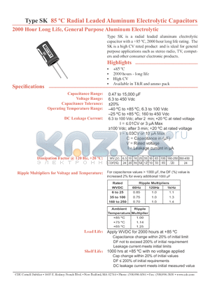SKR47M050ST datasheet - 85 C Radial Leaded Aluminum Electorlytic Capacitors