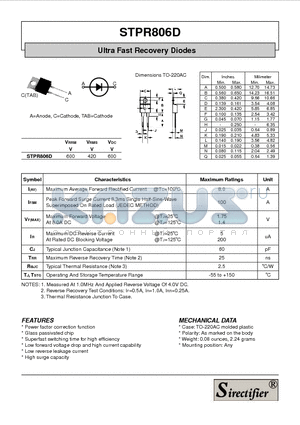 STPR806D datasheet - Ultra Fast Recovery Diodes